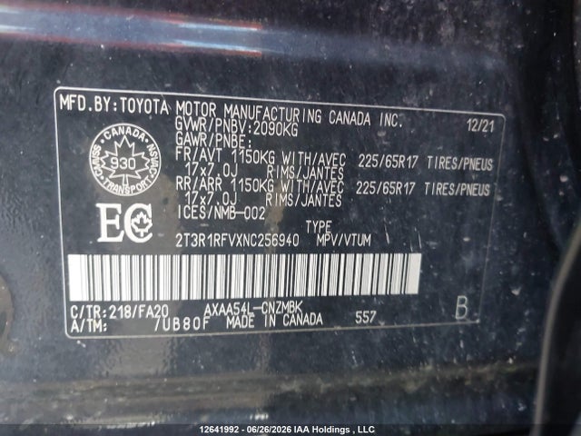 Aukcja sprzedaży 2022 Toyota Rav4 Xle, vin: 2T3R1RFVXNC256940, numer aukcji: 12641992