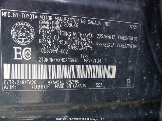 2T3R1RFVXNC256940 Toyota Rav4 Xle