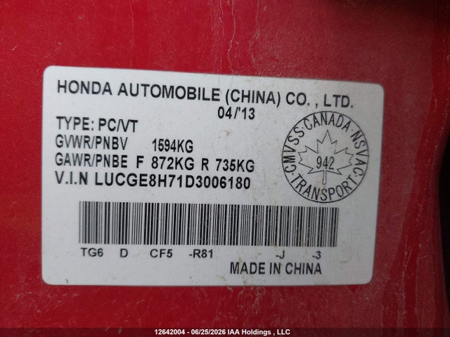 Продаж на аукціоні авто 2013 Honda Fit Sport 5dr, vin: LUCGE8H71D3006180, номер лоту: 12642004
