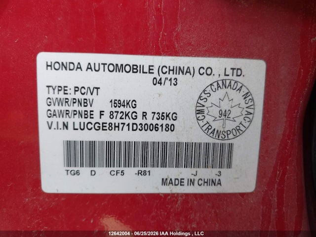 Продаж на аукціоні авто 2013 Honda Fit Sport 5dr, vin: LUCGE8H71D3006180, номер лоту: 12642004