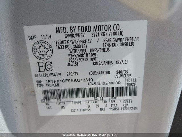 12642006 :رقم المزاد ، 1FTFX1CF9EKG13810 vin ، 2014 Ford F-150 Fx2/lariat/stx/xl/xlt مزاد بيع