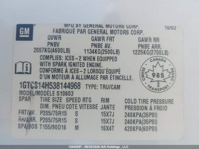 Продажа на аукционе авто 2003 Gmc Sonoma Sl/sls, vin: 1GTCS14H538144968, номер лота: 12642007