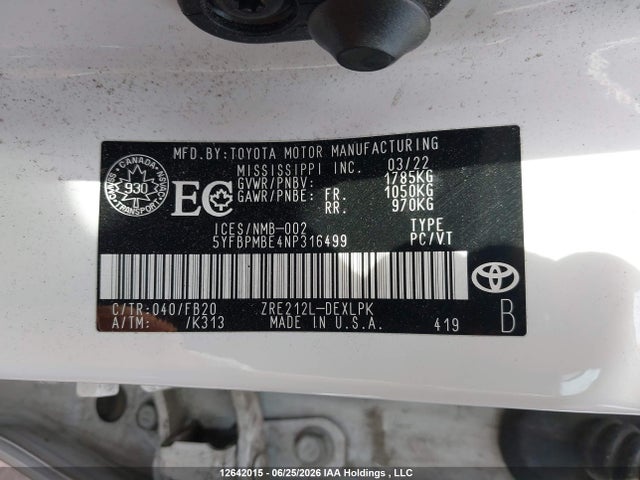 Aukcja sprzedaży 2022 Toyota Corolla Le/xle, vin: 5YFBPMBE4NP316499, numer aukcji: 12642015