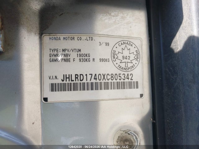 1999 Honda Cr-v Lx მანქანა იყიდება აუქციონზე, vin: JHLRD1740XC805342, აუქციონის ნომერი: 12642020
