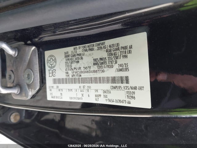 12642025 :رقم المزاد ، 1FMCU0GX6DUB87730 vin ، 2013 Ford Escape Se مزاد بيع