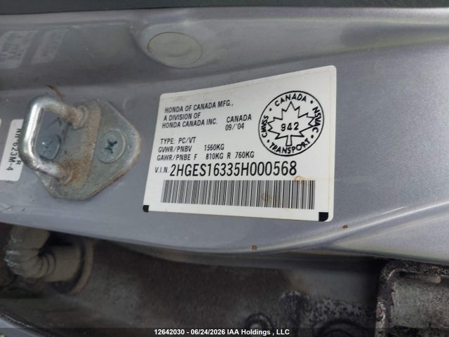 2005 Honda Civic Se მანქანა იყიდება აუქციონზე, vin: 2HGES16335H000568, აუქციონის ნომერი: 12642030