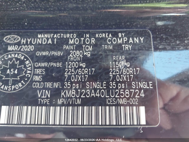 Продаж на аукціоні авто 2020 Hyundai Tucson Se, vin: KM8J23A40LU258724, номер лоту: 12642032