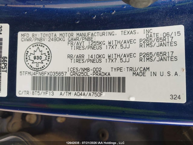 Продаж на аукціоні авто 2015 Toyota Tacoma Double Cab Long Bed, vin: 5TFMU4FN6FX035657, номер лоту: 12642035