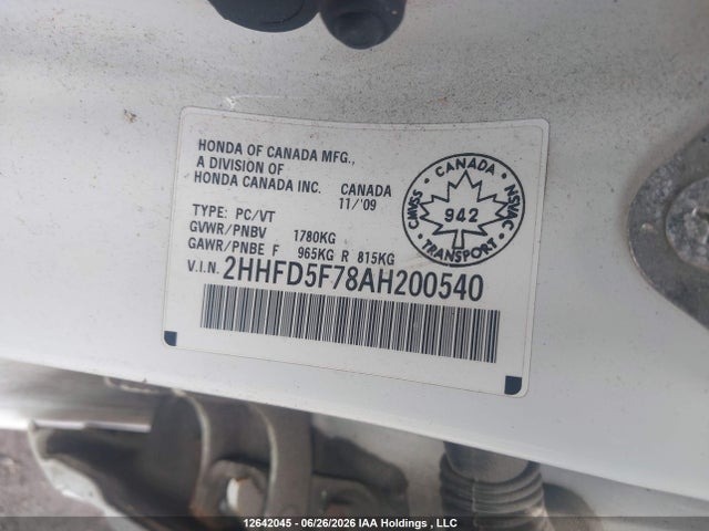 12642045 :رقم المزاد ، 2HHFD5F78AH200540 vin ، 2010 Acura Csx Technology مزاد بيع