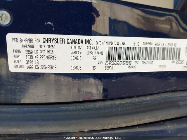 12642047 :رقم المزاد ، 2C4RDGBG6CR373892 vin ، 2012 Dodge Grand Caravan Se مزاد بيع