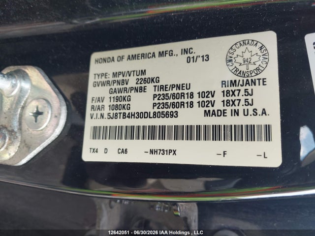 12642051 :رقم المزاد ، 5J8TB4H30DL805693 vin ، 2013 Acura Rdx مزاد بيع