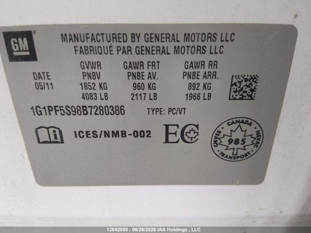 12642059 :رقم المزاد ، 1G1PF5S98B7280386 vin ، 2011 Chevrolet Cruze Lt Turbo مزاد بيع
