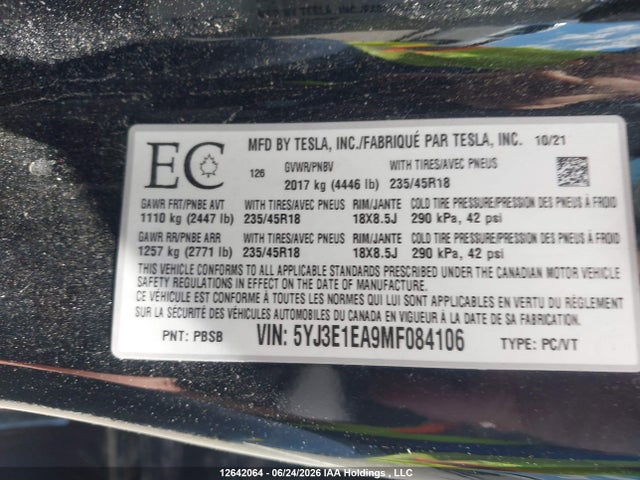 5YJ3E1EA9MF084106 Tesla Model 3 Standard Range/standard Range Plus
