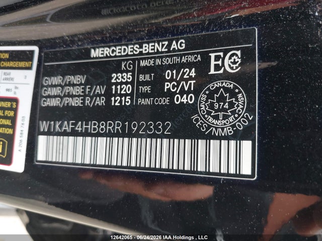 12642065 :رقم المزاد ، W1KAF4HB8RR192332 vin ، 2024 Mercedes-benz C 300 4matic مزاد بيع
