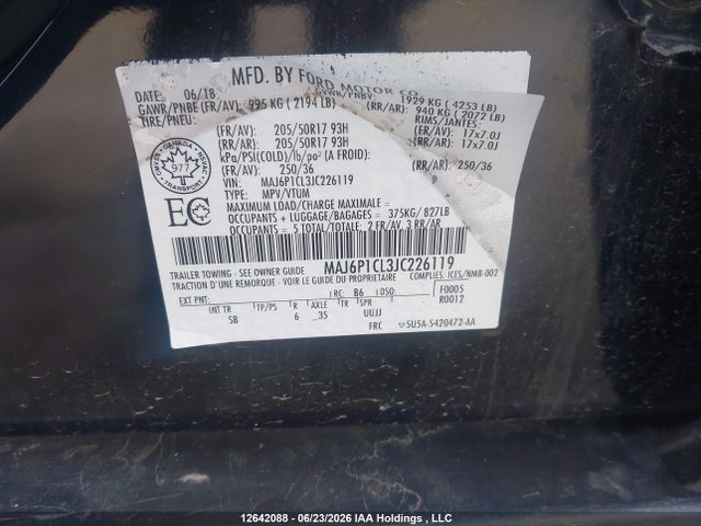 Aukcja sprzedaży 2018 Ford Ecosport Ses, vin: MAJ6P1CL3JC226119, numer aukcji: 12642088