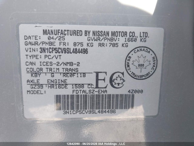 Aukcja sprzedaży 2025 Nissan Kicks Play Sv, vin: 3N1CP5CV9SL484496, numer aukcji: 12642090