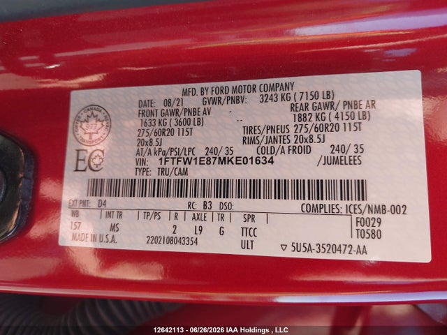 1FTFW1E87MKE01634 Ford F-150 King Ranch/lariat/limited/platinum/tremor/xl/xlt