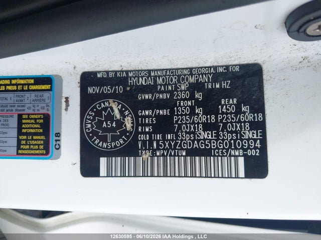 Продаж на аукціоні авто 2011 Hyundai Santa Fe Gl 3.5 Sport, vin: 5XYZGDAG5BG010994, номер лоту: 12630595