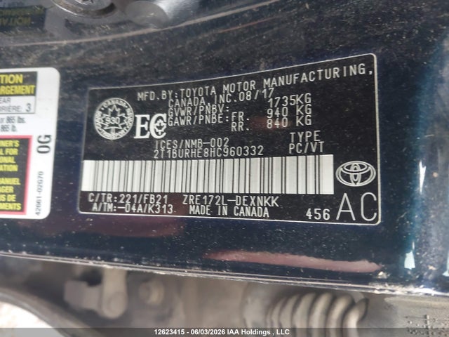 2017 Toyota Corolla Le მანქანა იყიდება აუქციონზე, vin: 2T1BURHE8HC960332, აუქციონის ნომერი: 12623415