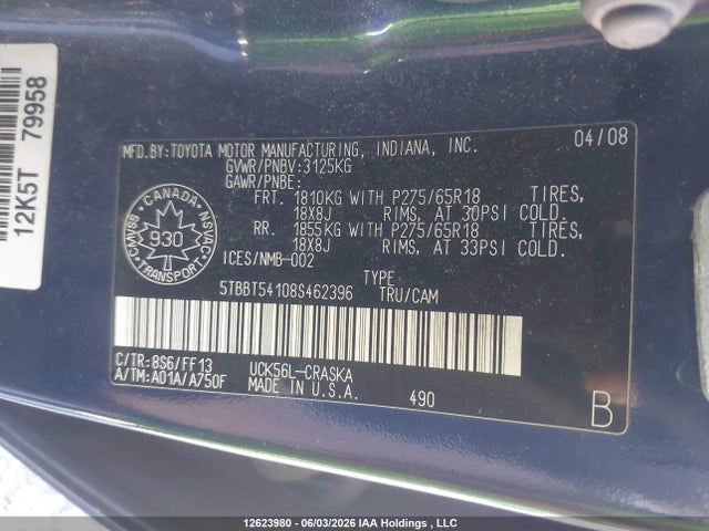 2008 Toyota Tundra Sr5 4.7l V8 მანქანა იყიდება აუქციონზე, vin: 5TBBT54108S462396, აუქციონის ნომერი: 12623980