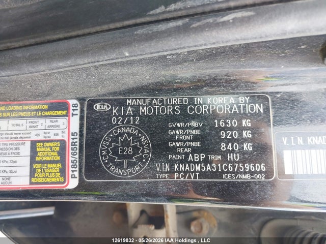 12619832 :رقم المزاد ، KNADM5A31C6759606 vin ، 2012 Kia Rio Ex/lx/lx+/sx مزاد بيع