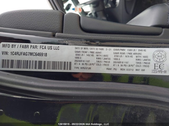 12615815 :رقم المزاد ، 1C4RJFAG7MC646918 vin ، 2021 Jeep Grand Cherokee Laredo مزاد بيع