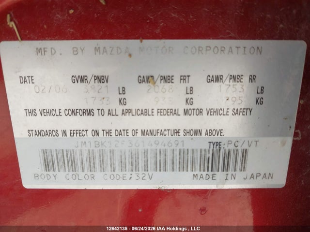 2006 Mazda 3 I მანქანა იყიდება აუქციონზე, vin: JM1BK12F361494691, აუქციონის ნომერი: 12642135