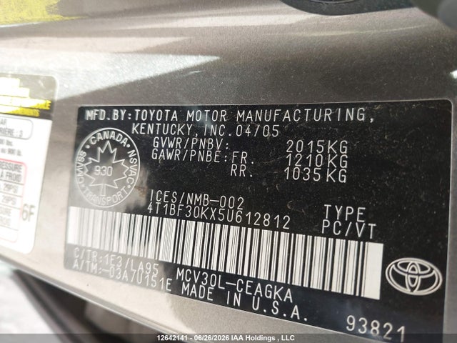 2005 Toyota Camry Le V6/xle V6 მანქანა იყიდება აუქციონზე, vin: 4T1BF30KX5U612812, აუქციონის ნომერი: 12642141