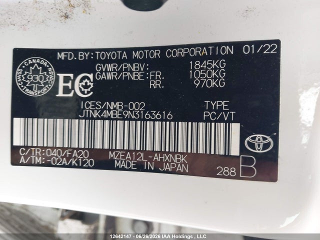 Auction sale of the 2022 Toyota Corolla Se, vin: JTNK4MBE9N3163616, lot number: 12642147