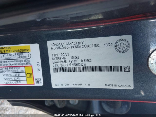 Honda Civic 2022 2HGFE2F24NH131257 Image 9