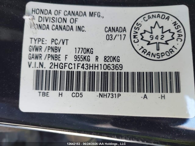 2017 Honda Civic Ex მანქანა იყიდება აუქციონზე, vin: 2HGFC1F43HH106369, აუქციონის ნომერი: 12642153