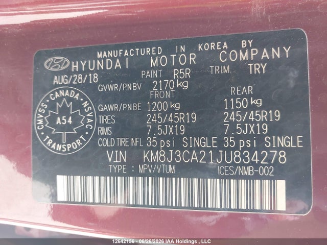 12642156 :رقم المزاد ، KM8J3CA21JU834278 vin ، 2018 Hyundai Tucson Ultimate 1.6t مزاد بيع