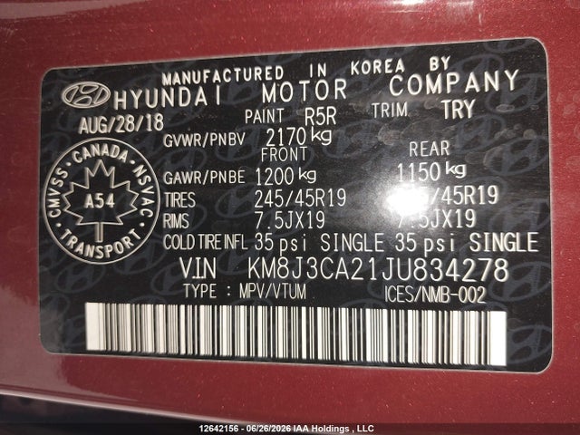 12642156 :رقم المزاد ، KM8J3CA21JU834278 vin ، 2018 Hyundai Tucson Ultimate 1.6t مزاد بيع
