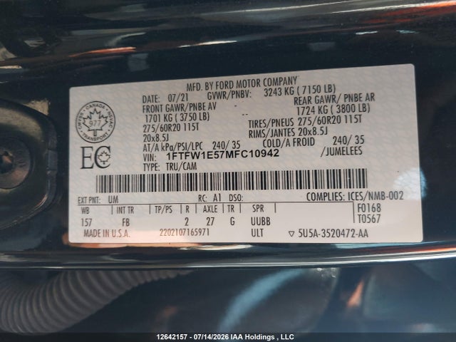 Aukcja sprzedaży 2021 Ford F-150, vin: 1FTFW1E57MFC10942, numer aukcji: 12642157