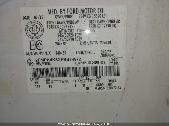 Ford Edge Titanium 2015 2FMPK4K8XFBB74972 Image 9