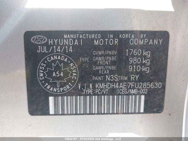 12642167 :رقم المزاد ، KMHDH4AE7FU285630 vin ، 2015 Hyundai Elantra Sport Appearance مزاد بيع