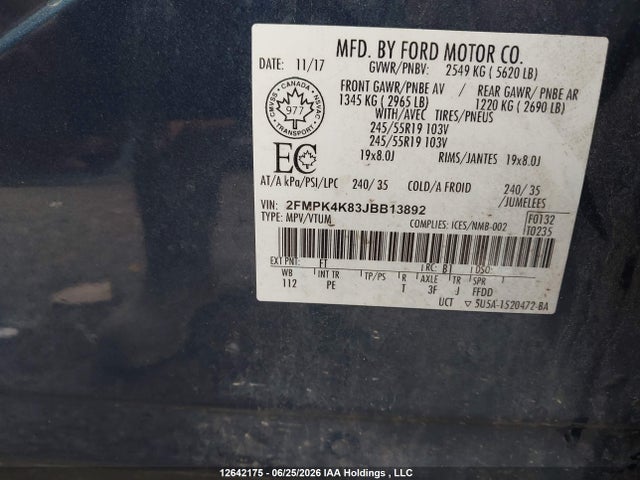 2018 Ford Edge მანქანა იყიდება აუქციონზე, vin: 2FMPK4K83JBB13892, აუქციონის ნომერი: 12642175