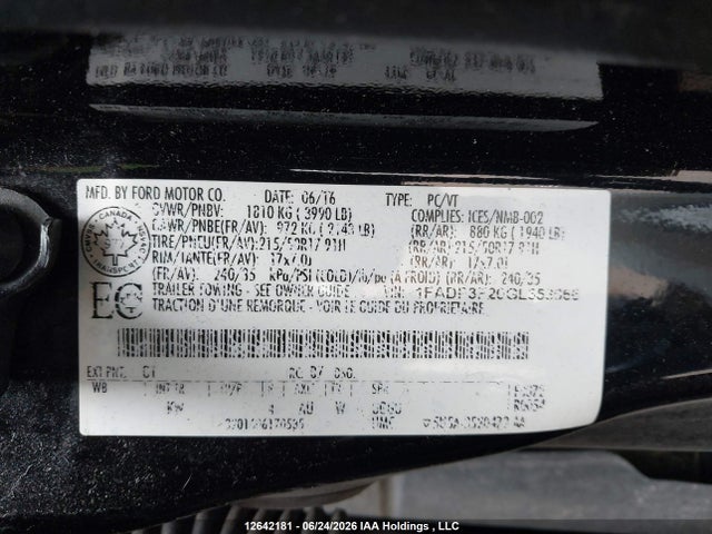 12642181 :رقم المزاد ، 1FADP3F20GL353666 vin ، 2016 Ford Focus Se مزاد بيع