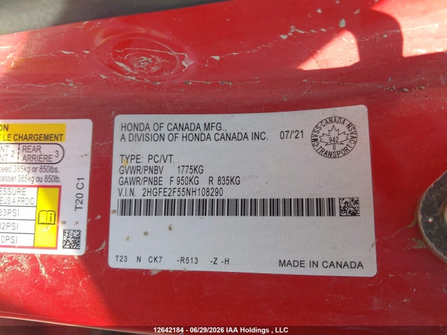 2022 Honda Civic Sport მანქანა იყიდება აუქციონზე, vin: 2HGFE2F55NH108290, აუქციონის ნომერი: 12642184