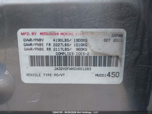12642185 :رقم المزاد ، JA32V2FWXCU601283 vin ، 2012 Mitsubishi Lancer Se مزاد بيع