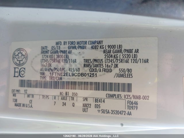 Продаж на аукціоні авто 2012 Ford E-250 Commercial/recreational, vin: 1FTNE2EL9CDB01251, номер лоту: 12642190