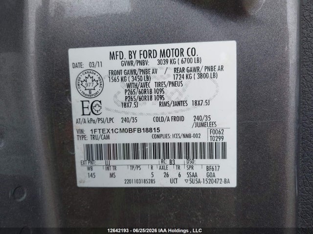12642193 :رقم المزاد ، 1FTEX1CMOBFB18815 vin ، 2011 Ford F-150 مزاد بيع