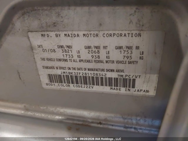 2008 Mazda 3 I მანქანა იყიდება აუქციონზე, vin: JM1BK32F281108342, აუქციონის ნომერი: 12642194