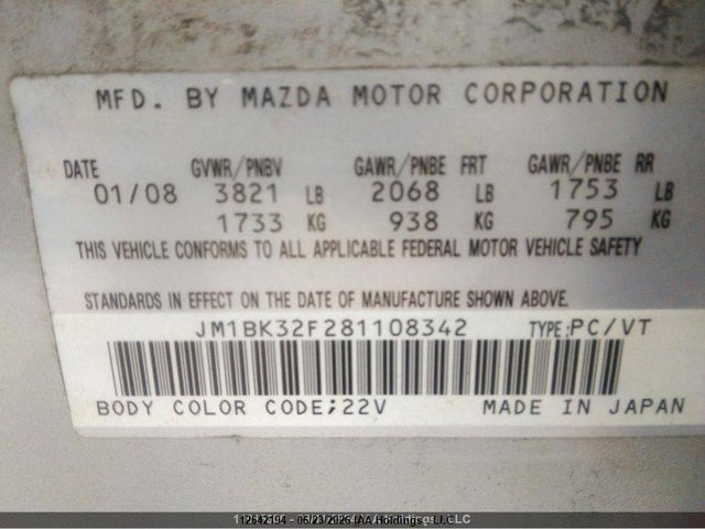 2008 Mazda 3 I მანქანა იყიდება აუქციონზე, vin: JM1BK32F281108342, აუქციონის ნომერი: 12642194