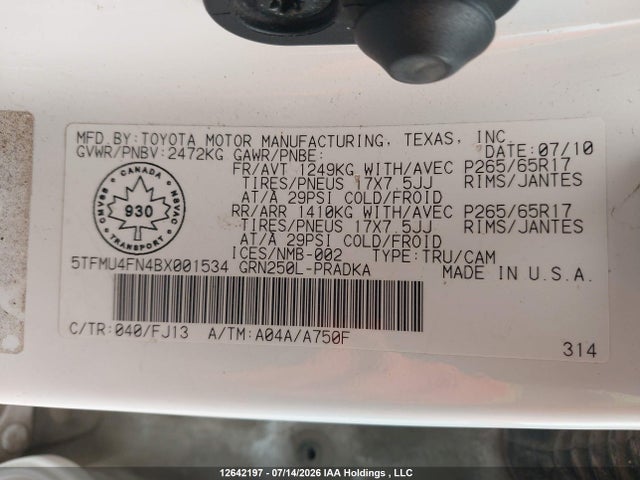Aukcja sprzedaży 2011 Toyota Tacoma V6, vin: 5TFMU4FN4BX001534, numer aukcji: 12642197