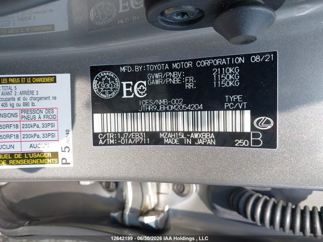 12642199 :رقم المزاد ، JTHR9JBH0M2054204 vin ، 2021 Lexus Ux 250h مزاد بيع