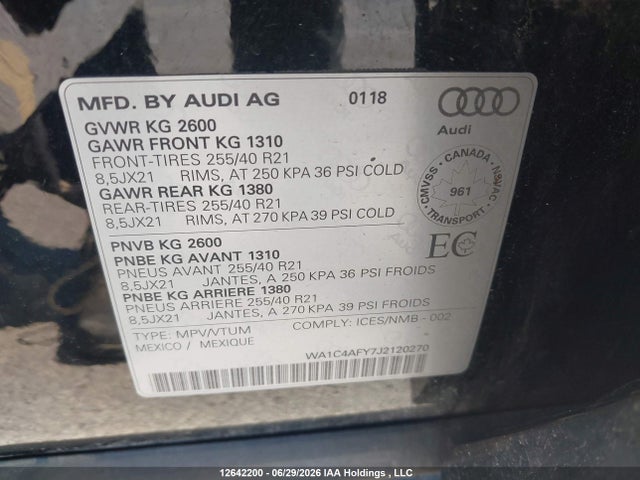 Aukcja sprzedaży 2018 Audi Sq5 3.0t Technik, vin: WA1C4AFY7J2120270, numer aukcji: 12642200