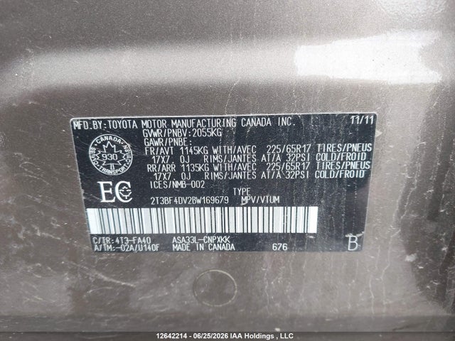 2011 Toyota Rav4 მანქანა იყიდება აუქციონზე, vin: 2T3BF4DV2BW169679, აუქციონის ნომერი: 12642214