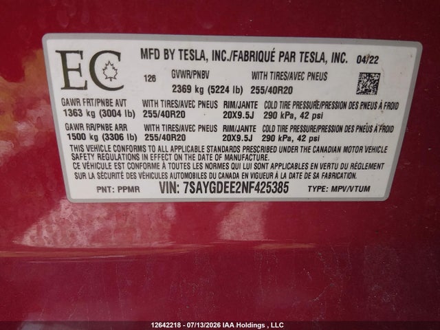 Продажа на аукционе авто 2022 Tesla Model Y Long Range, vin: 7SAYGDEE2NF425385, номер лота: 12642218