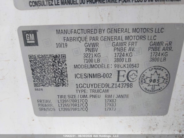 12642231 :رقم المزاد ، 1GCUYDED9LZ143798 vin ، 2020 Chevrolet Silverado K1500 Lt مزاد بيع